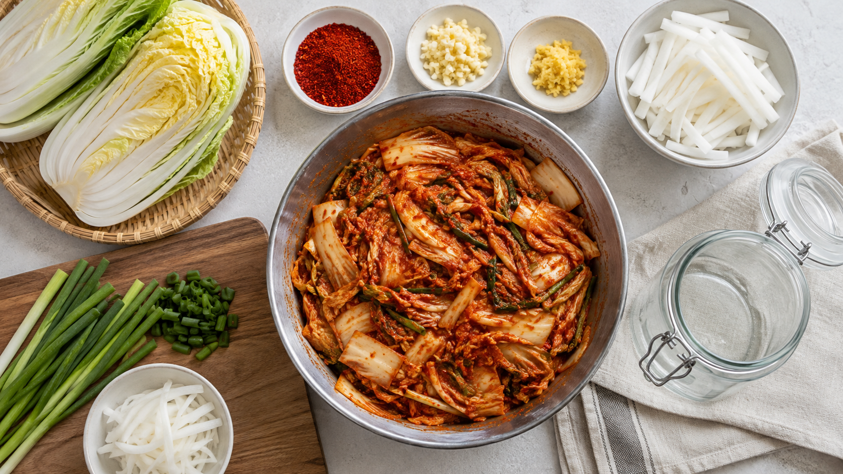 Freshly made napa cabbage kimchi in a steel bowl, surrounded by gochugaru, chopped garlic, scallions and julienned daikon radish