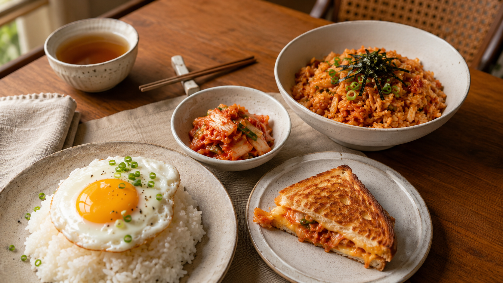 A Korean home meal spread on a wooden table — kimchi fried rice, a fried egg over rice, a kimchi grilled cheese sandwich and tea