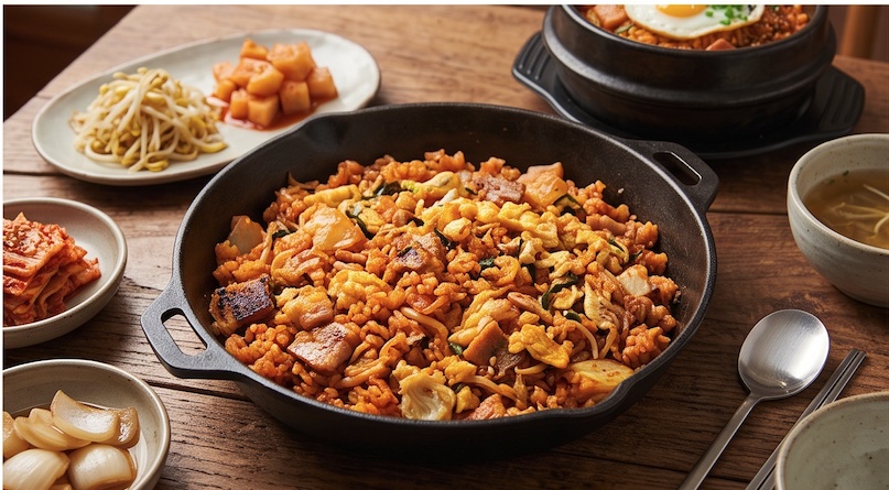 A cast iron skillet of kimchi fried rice with pork belly and egg, surrounded by Korean side dishes including kimchi, bean sprouts and pickled radish