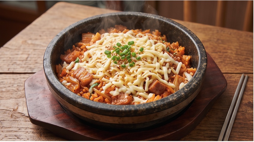 Kimchi fried rice in a stone bowl covered with melted mozzarella cheese and chopped scallions
