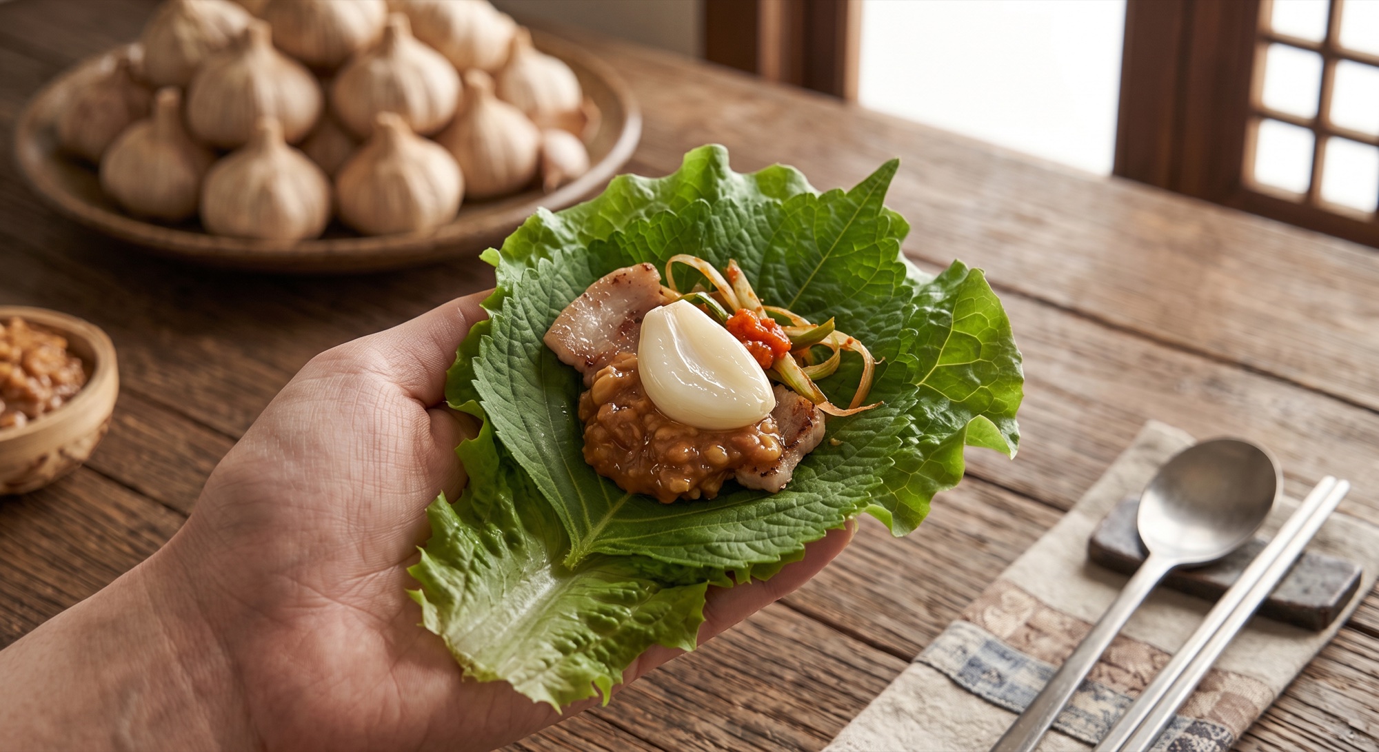 A hand holding a Korean lettuce and perilla leaf ssam filled with grilled pork belly, ssamjang, scallion salad and a whole raw garlic clove on top